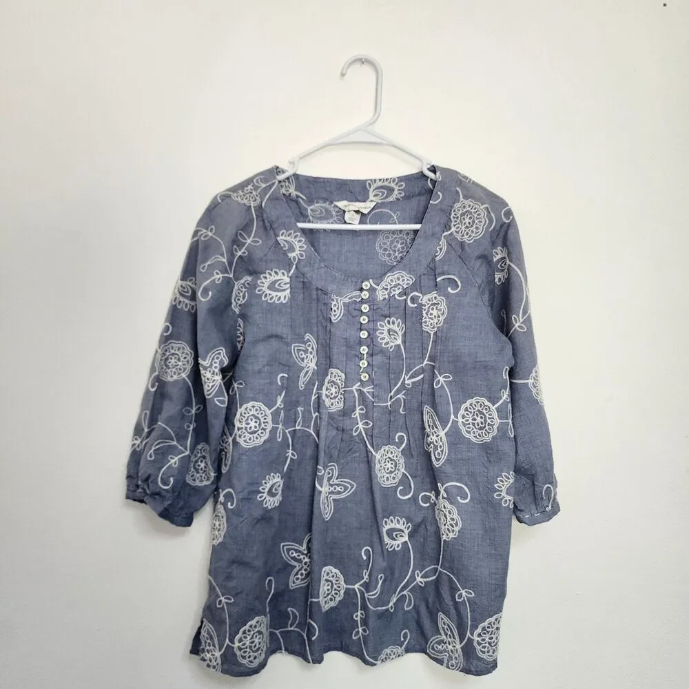 Christopher & Banks Womens Embroidered Scoop Neck 3/4 Sleeve Casual Tunic Top S